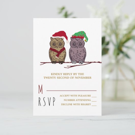 Santa Owl and Elf Owl UAWG RSVP Karte (Stehend Vorderseite)