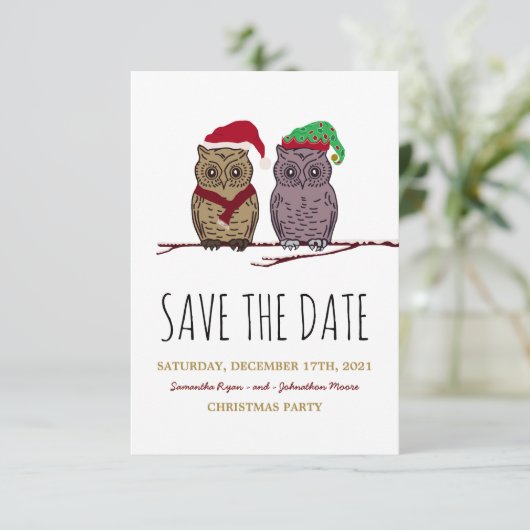 Santa Owl und Elf Owl Save the Date (Stehend Vorderseite)