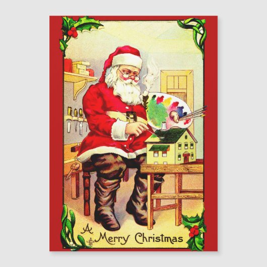 Santa Paints a Doll House Holiday Card Magnetkarte (Vorderseite)