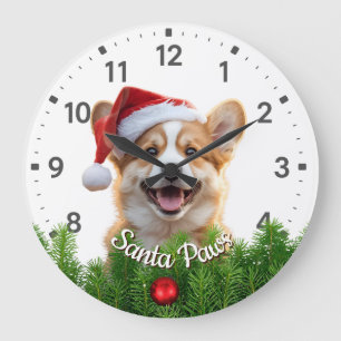 Santa Paws Corgi mit Weihnachtsgirlande Große Wanduhr