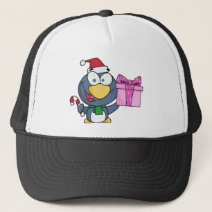 Santa Penguin mit Weihnachtsgeschenk und Candy Can Truckerkappe