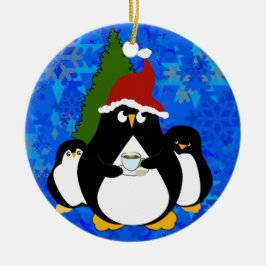 Santa Penguin und kleine Pinguine Keramik Ornament