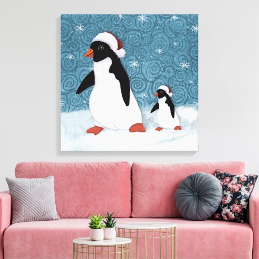 Santa Penguins Stretched Canvas Print Leinwanddruck (Insitu (Wohnzimmer))