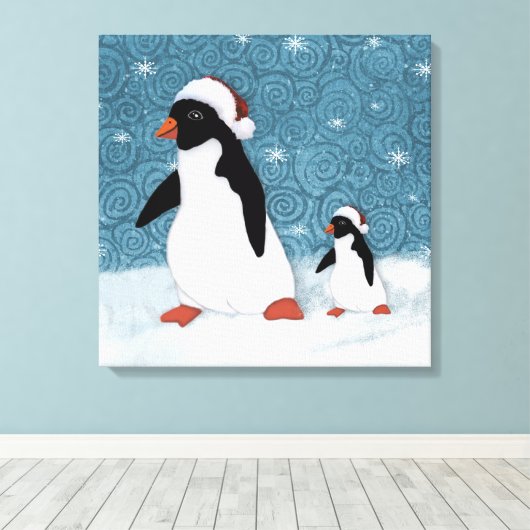 Santa Penguins Stretched Canvas Print Leinwanddruck (Insitu (Holzboden))