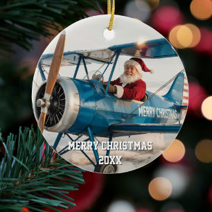 Santa Pilot fliegt Flugzeug Sonniges Foto Weihnach Keramik Ornament