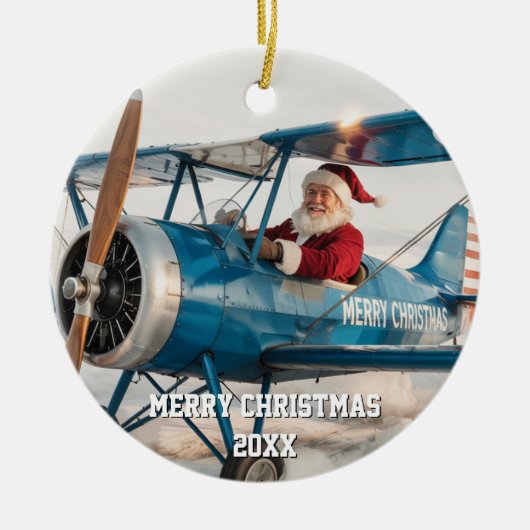 Santa Pilot fliegt Flugzeug Sonniges Foto Weihnach Keramik Ornament (Vorne)