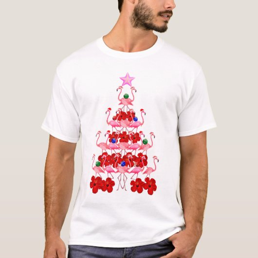 Santa Pink Flamingo Weihnachtsbaum T-Shirt (Vorderseite)