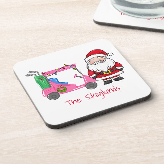 Santa Pink Golf Cart Weihnachten mit Lichterkranz Getränkeuntersetzer (Linke Seite)