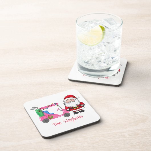 Santa Pink Golf Cart Weihnachten mit Lichterkranz Getränkeuntersetzer (Rechte Seite)
