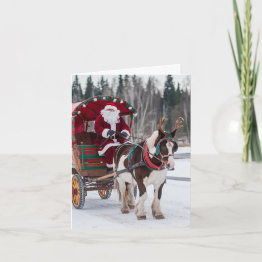 Santa Pinto Entwurf Pferde Antlers Red Green Wagon Karte (Vorderseite)