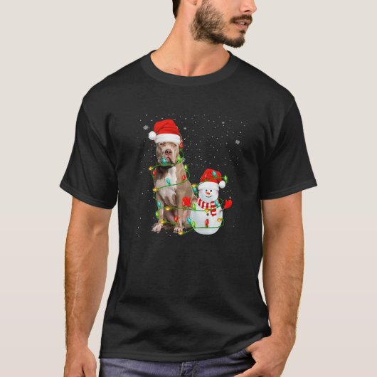 Santa Pitbull Terrier Dog Snowman Xmas Tree Lights T-Shirt (Vorderseite)