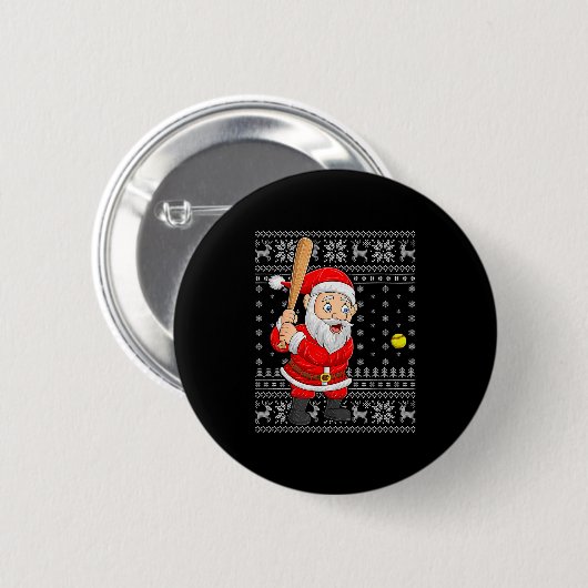 Santa Playing Baseball Softball Ugly Christmas Swe Button (Vorne & Hinten)
