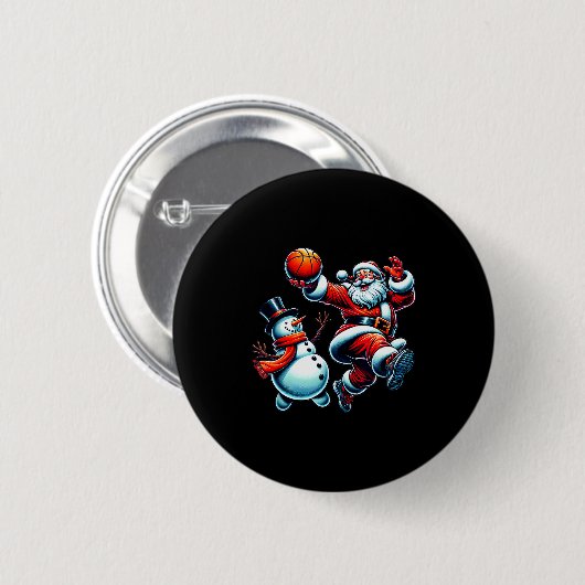 Santa Playing Basketball With A Snowman Christmas Button (Vorne & Hinten)