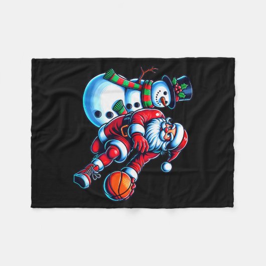 Santa Playing Basketball With A Snowman Christmas Fleecedecke (Vorderseite (Horizontal))