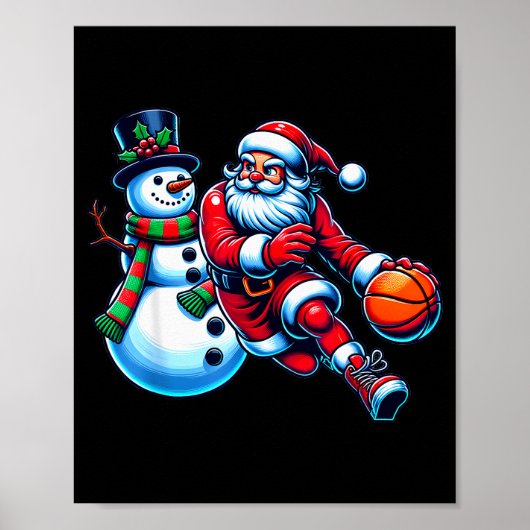 Santa Playing Basketball With A Snowman Christmas Poster (Vorne)