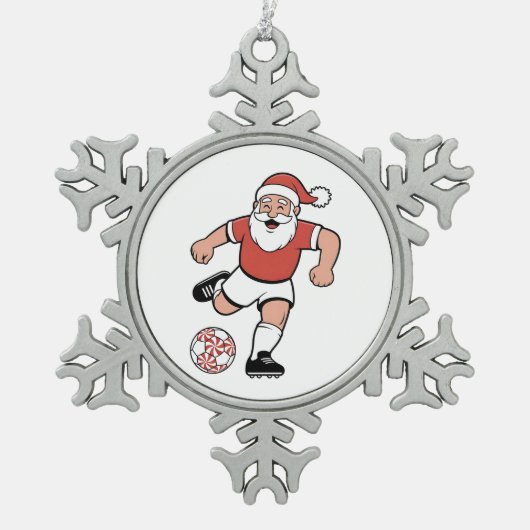 Santa Playing Fußball Weihnachtsspielerin Sport Schneeflocken Zinn-Ornament (Vorderseite)