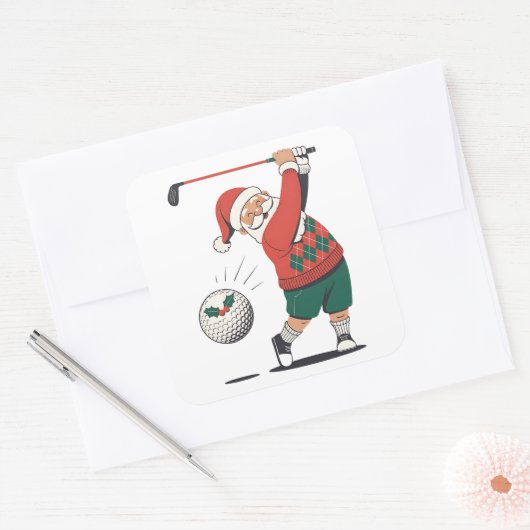 Santa Playing Golf Weihnachtsspieler Golfer Quadratischer Aufkleber (Umschlag)