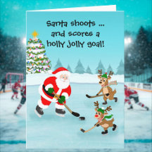 Santa Playing Hockey mit Rentier Weihnachten