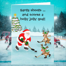 Santa Playing Hockey mit Rentier Weihnachten Karte