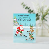 Santa Playing Hockey mit Rentier Weihnachten Postkarte (Stehend Vorderseite)
