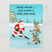 Santa Playing Hockey mit Rentier Weihnachten Postkarte (Vorderseite)
