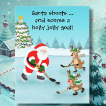 Santa Playing Hockey mit Rentier Weihnachten