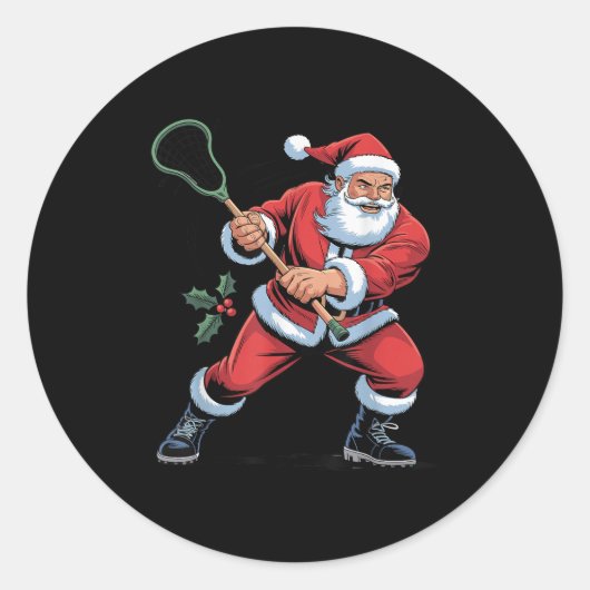 Santa Playing Lacrosse Funny Holiday Christmas Xma Runder Aufkleber (Vorderseite)