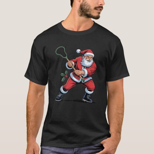 Santa Playing Lacrosse Funny Holiday Weihnachten X T-Shirt (Vorderseite)