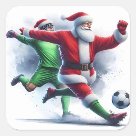 Santa Plays Fußball während der Feriensaison Quadratischer Aufkleber (Vorderseite)