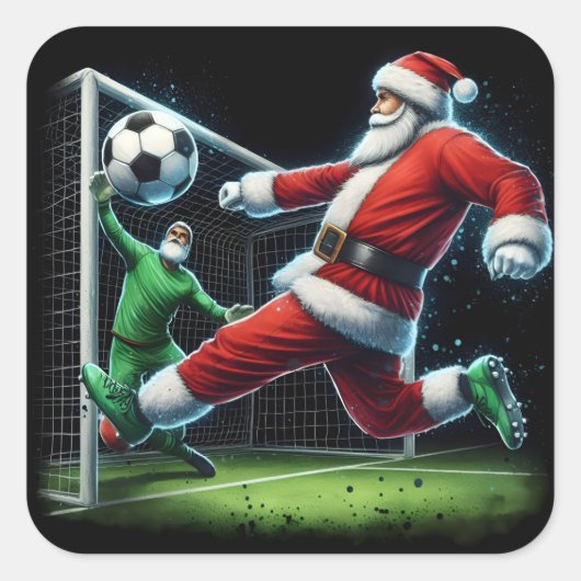Santa Plays Soccer im Winter Cheer Quadratischer Aufkleber (Vorderseite)
