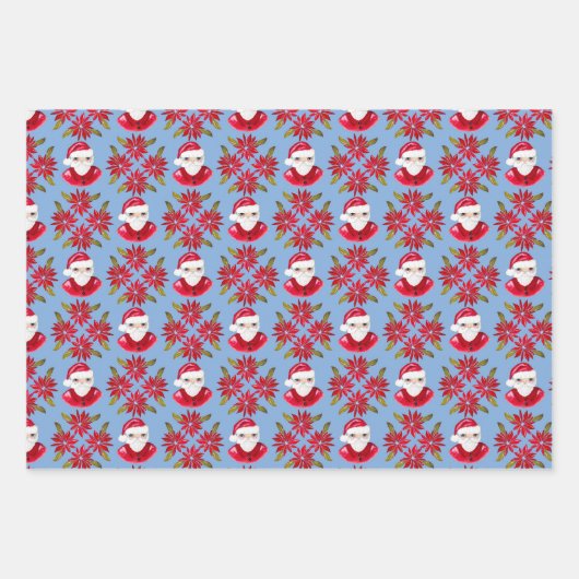 Santa Poinsettia Peppermint Strip Retro Weihnachte Geschenkpapier Set (Vorderseite)