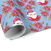 Santa Poinsettia Traditionelles blaues Weihnachtsf Geschenkpapier (Rolleneckpunkt)