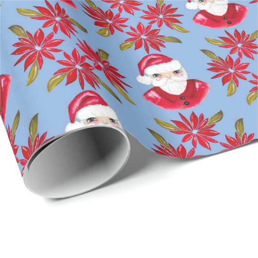 Santa Poinsettia Traditionelles blaues Weihnachtsf Geschenkpapier (Rolleneckpunkt)