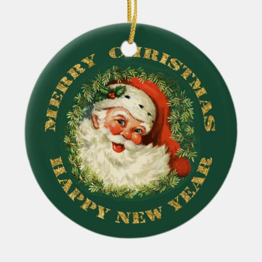 Santa Portrait Gold Text Keramikornament (Vorne)