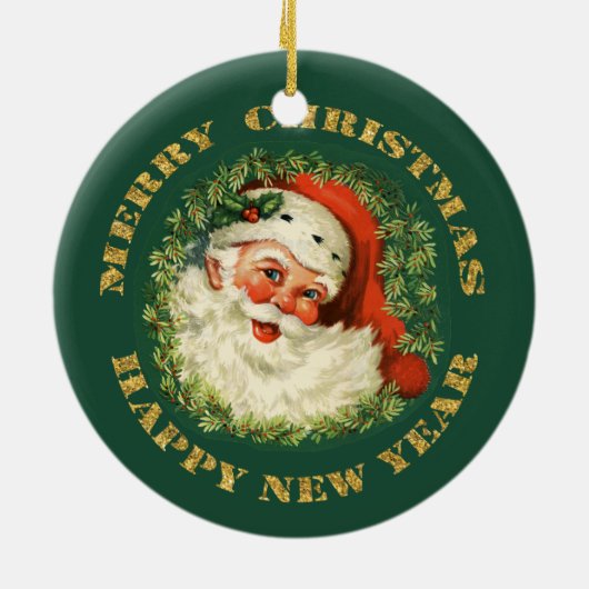 Santa Portrait Gold Text Keramikornament (Hinten)