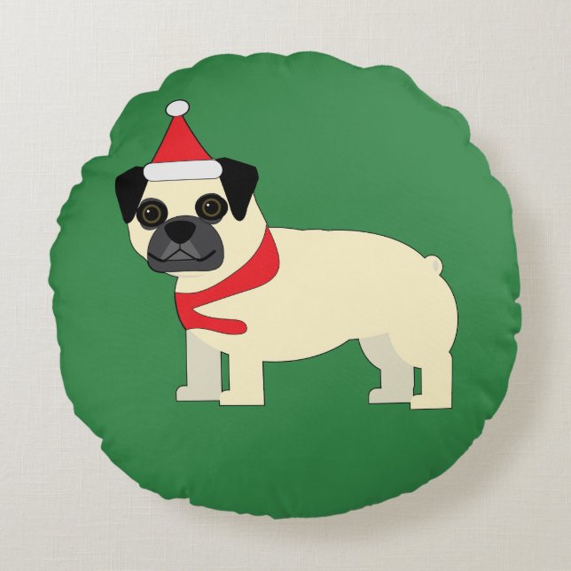 Santa Pug Rundes Kissen (Vorderseite)