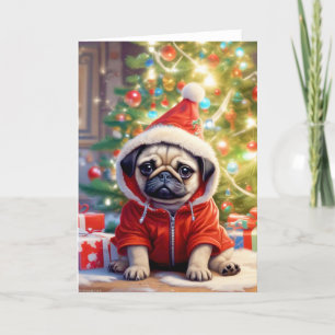 Santa Pug unterm Weihnachtsbaum Feiertagskarte