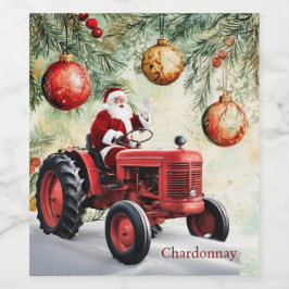 Santa Red Tractor Vintag Farm Weihnachten Weinetikett