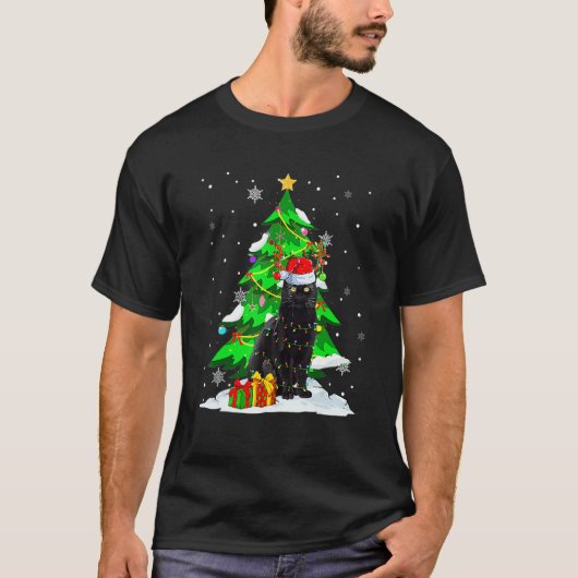 Santa Reindeer Black Cat Xmas Tree Lights Christma T-Shirt (Vorderseite)