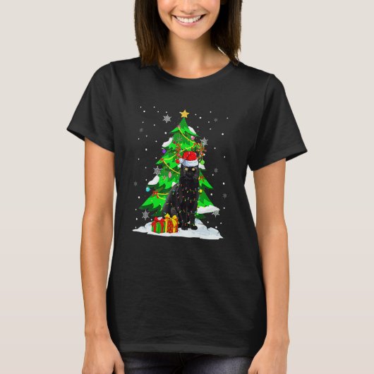 Santa Reindeer Black Cat Xmas Tree Lights Christma T-Shirt (Vorderseite)