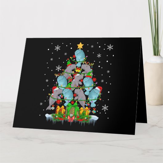 Santa Reindeer Elf Manatees Christmas Tree Lights Karte (Vorderseite)
