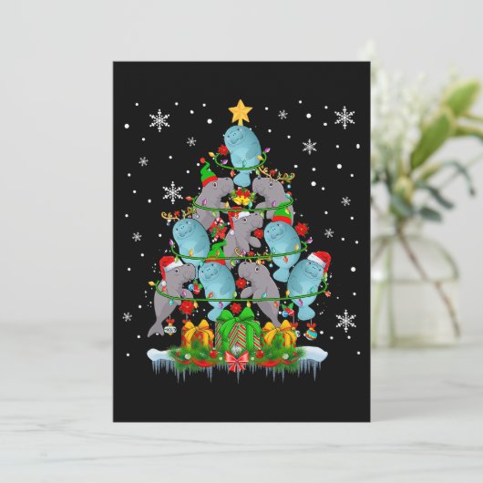 Santa Reindeer Elf Manatees Weihnachtsbaumleuchten Einladung (Stehend Vorderseite)