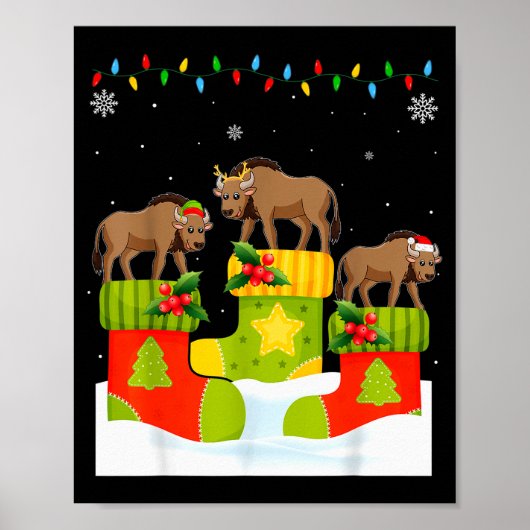 Santa Reindeer Elf Wildebeest In Christmas Socks U Poster (Vorne)