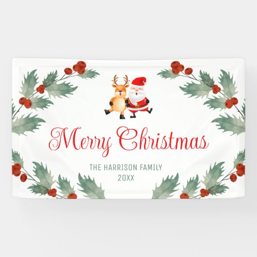 Santa Reindeer Holly Berries Weihnachten Banner (Horizontal)