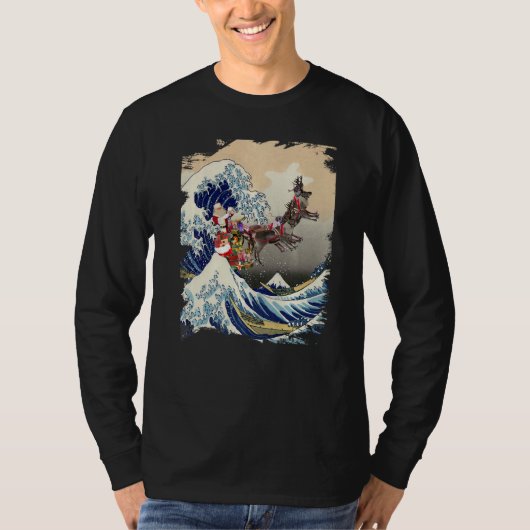 Santa Reindeer Over Great Wave Christmas T-Shirt (Vorderseite)