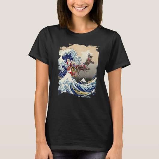 Santa Reindeer Over Great Wave Christmas T-Shirt (Vorderseite)