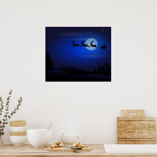 Santa Reindeer Over Moon in Blau Poster (Küche)