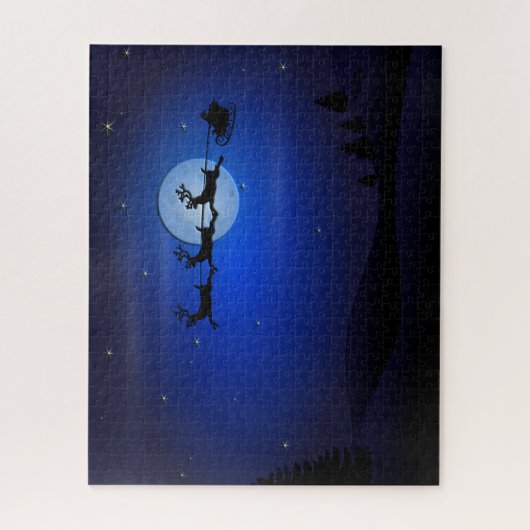 Santa Reindeer Over Moon in Blau Puzzle (Vertikal)