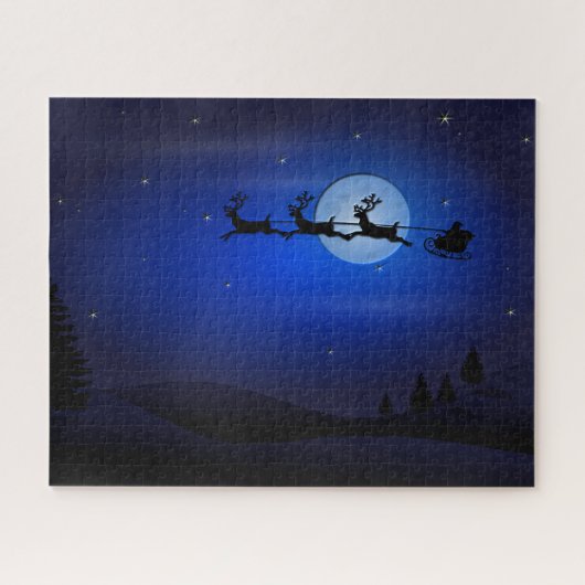 Santa Reindeer Over Moon in Blau Puzzle (Horizontal)
