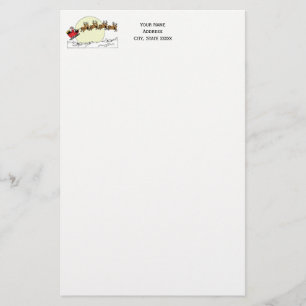 Santa Reindeer Over Snow Covered Town Lt Moon Briefpapier